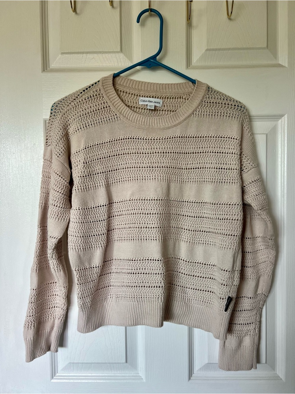 Calvin Klein Beige Open-Knit Crewneck Sweater